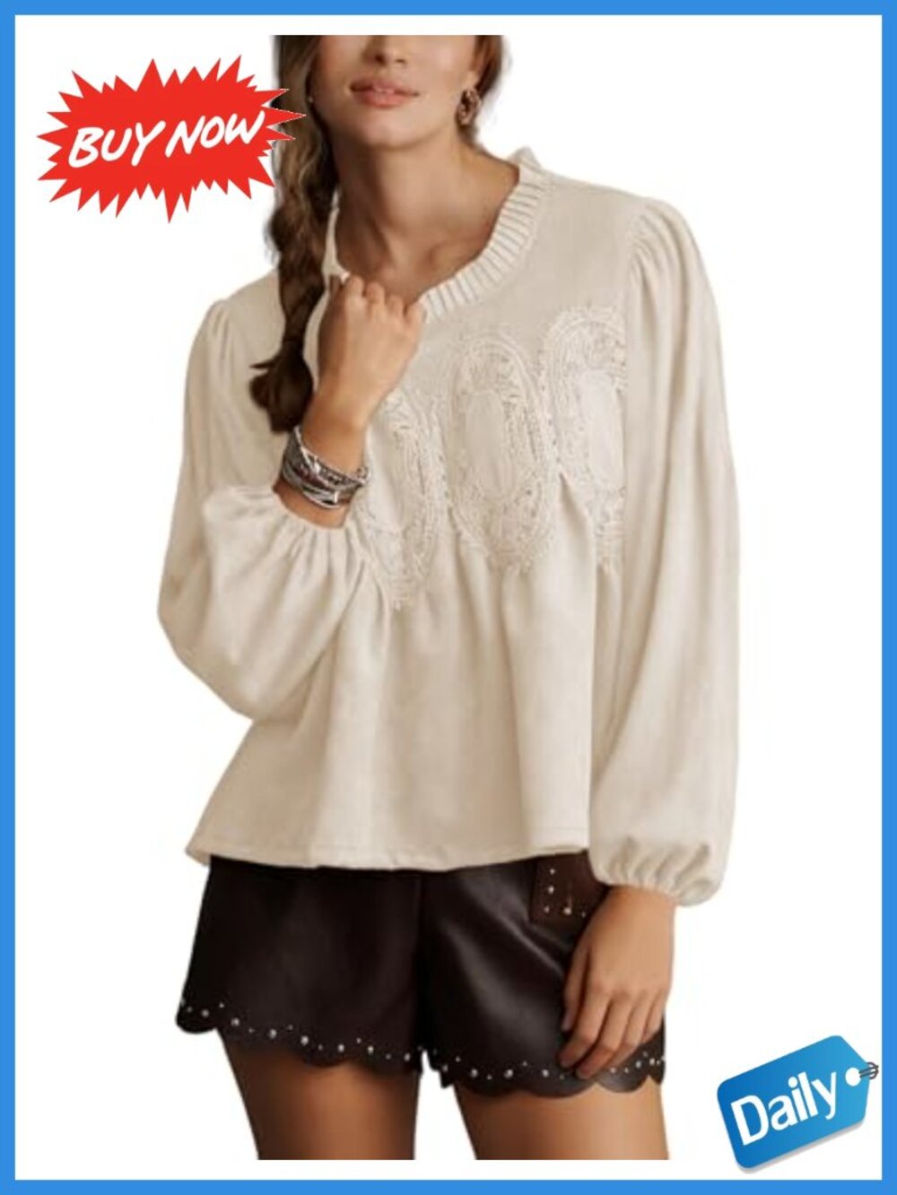 Faux Suede Lace Detail Flared Blouse Long Sleeve Crew Neck Babydoll Top